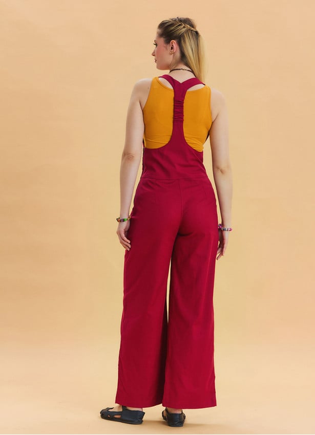 Red Womens Wide Leg Jumpsuit with Zipper Detail and Pockets 4673